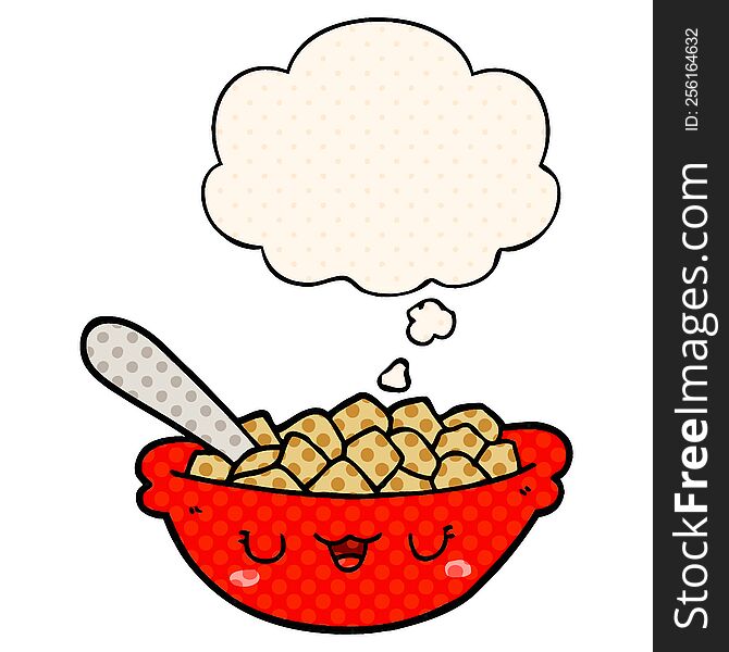 cute cartoon bowl of cereal with thought bubble in comic book style