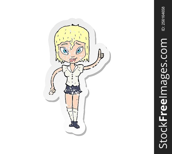 Retro Distressed Sticker Of A Cartoon Woman Making Point