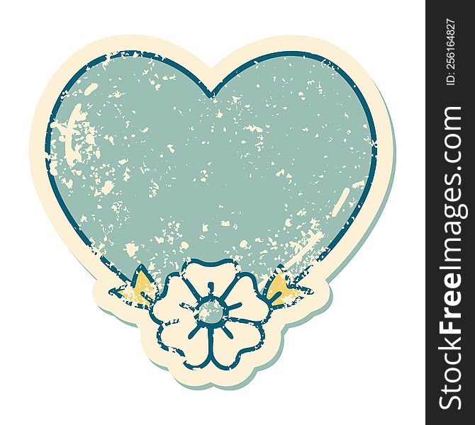 iconic distressed sticker tattoo style image of a heart and flower. iconic distressed sticker tattoo style image of a heart and flower