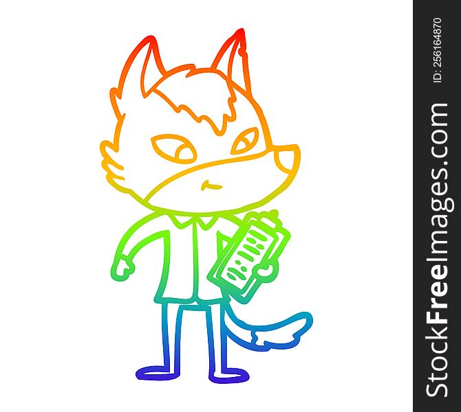 rainbow gradient line drawing of a friendly cartoon wolf manager