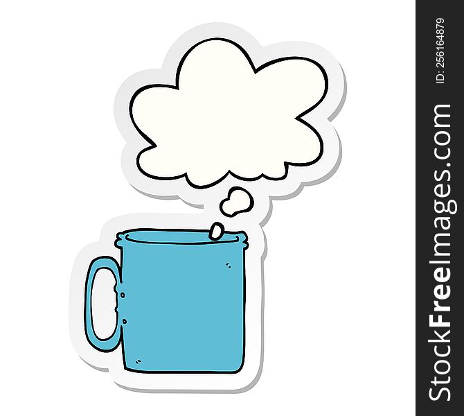 cartoon camping cup of coffee with thought bubble as a printed sticker