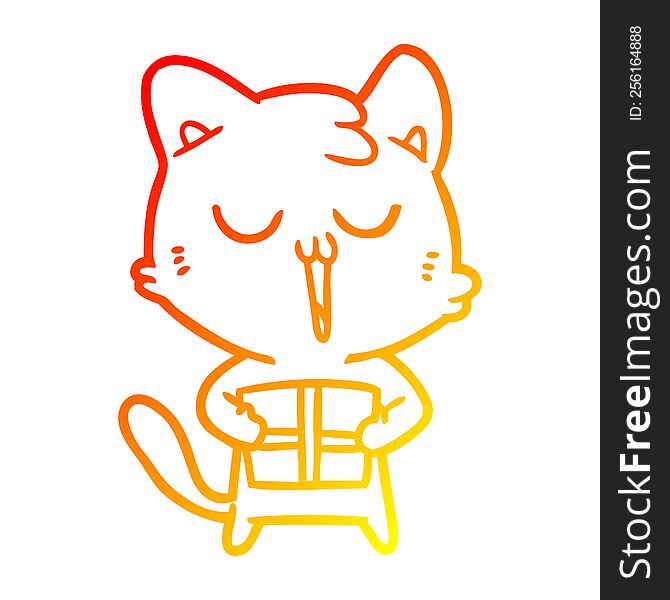 Warm Gradient Line Drawing Cartoon Cat With Present