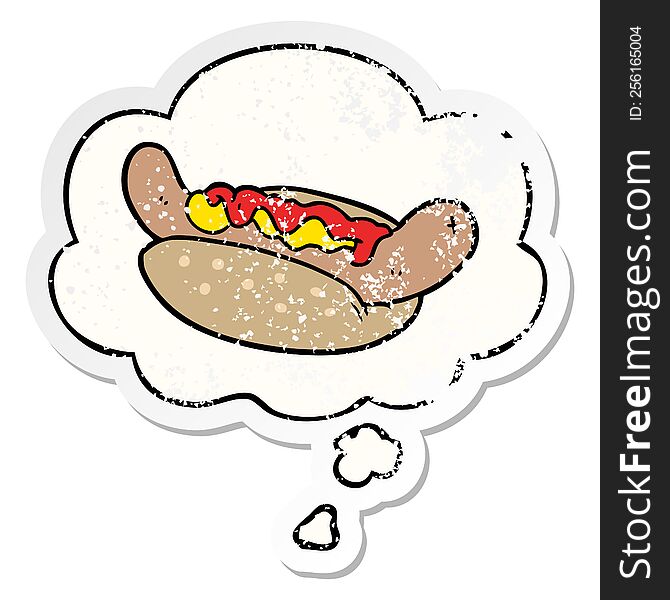cartoon hot dog with thought bubble as a distressed worn sticker
