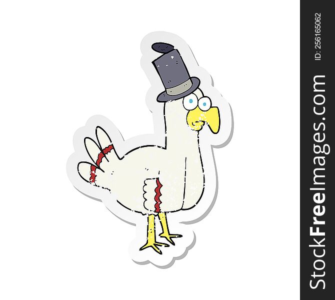 retro distressed sticker of a cartoon bird wearing top hat
