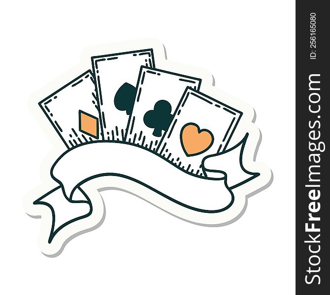 Tattoo Style Sticker Of Cards And Banner