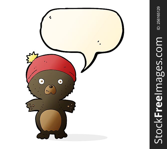 Cartoon Cute Black Bear In Hat With Speech Bubble