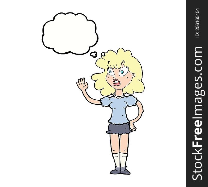Cartoon Worried Woman Waving With Thought Bubble