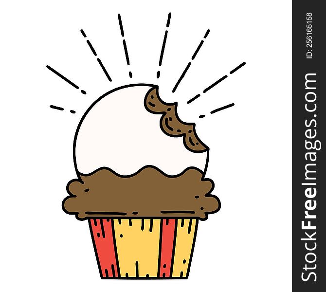 illustration of a traditional tattoo style cupcake with missing bite