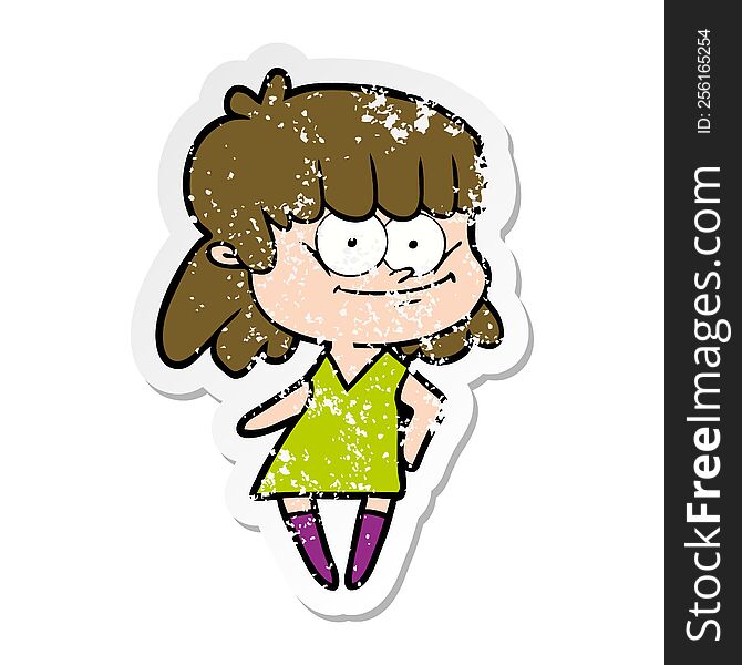 distressed sticker of a cartoon smiling woman