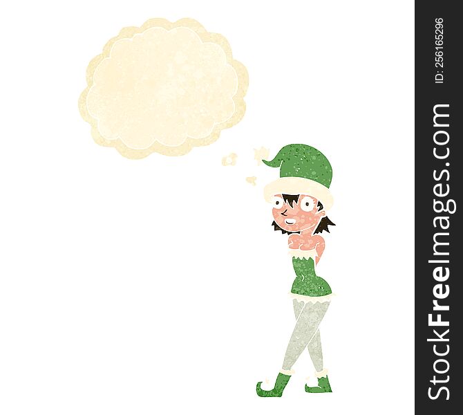 Cartoon Woman In Christmas Elf Costume With Thought Bubble