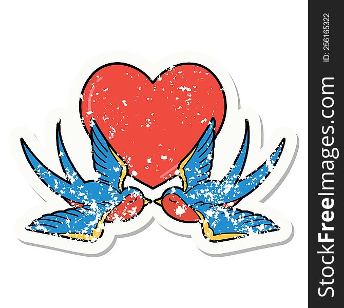 Traditional Distressed Sticker Tattoo Of A Swallows And A Heart