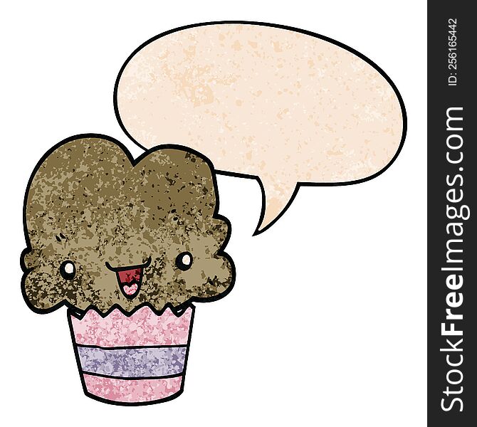 cartoon cupcake and face and speech bubble in retro texture style