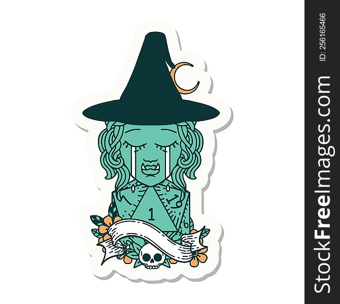sticker of a crying half orc witch character face with natural one d20 dice roll. sticker of a crying half orc witch character face with natural one d20 dice roll