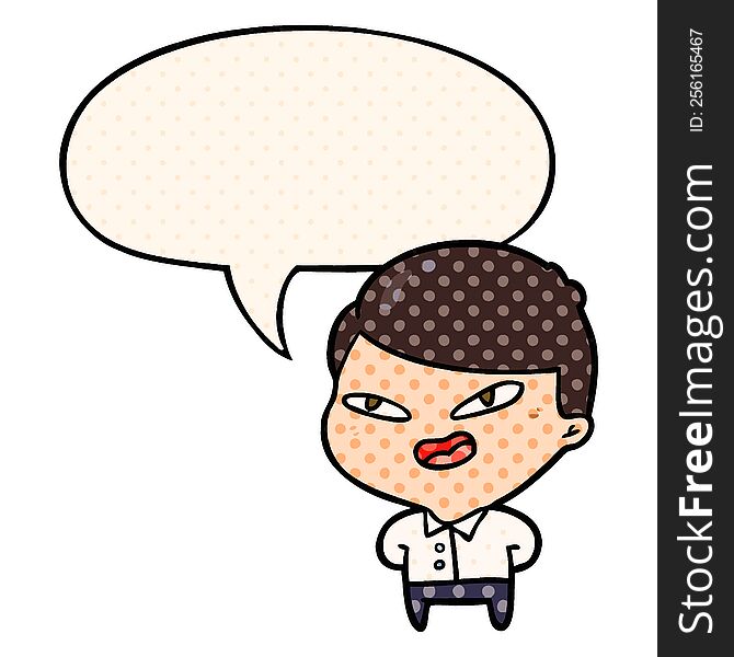 cartoon happy businessman and speech bubble in comic book style