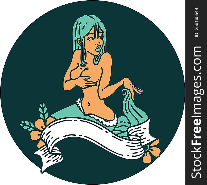 tattoo style icon of a pinup mermaid with banner