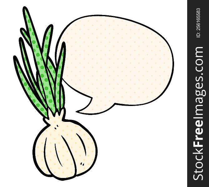 Cartoon Garlic Bulb And Speech Bubble In Comic Book Style