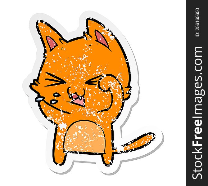 Distressed Sticker Of A Cartoon Cat Hissing