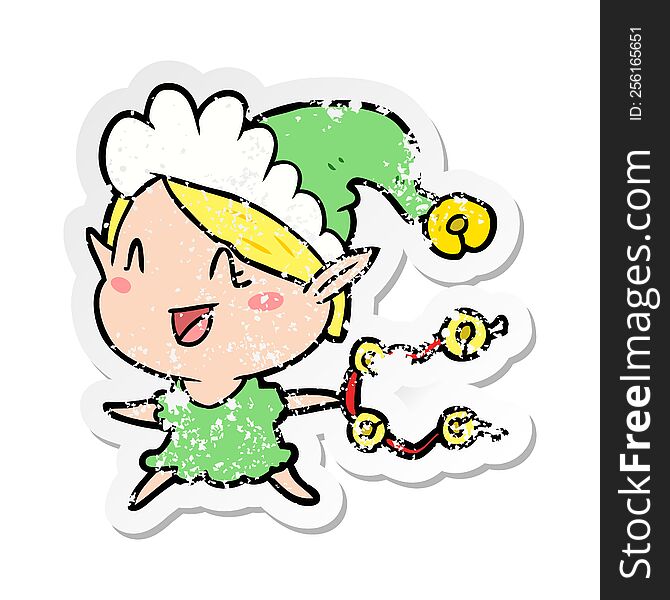Distressed Sticker Of A Cartoon Happy Christmas Elf