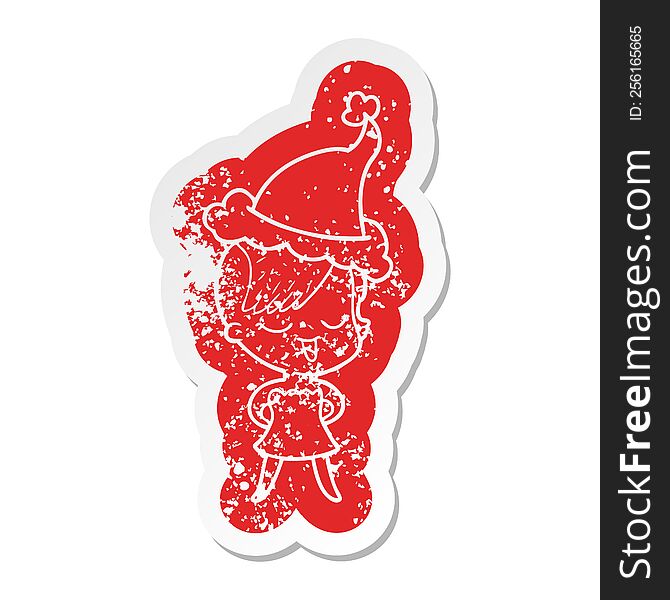 Happy Cartoon Distressed Sticker Of A Girl In Cocktail Dress Wearing Santa Hat