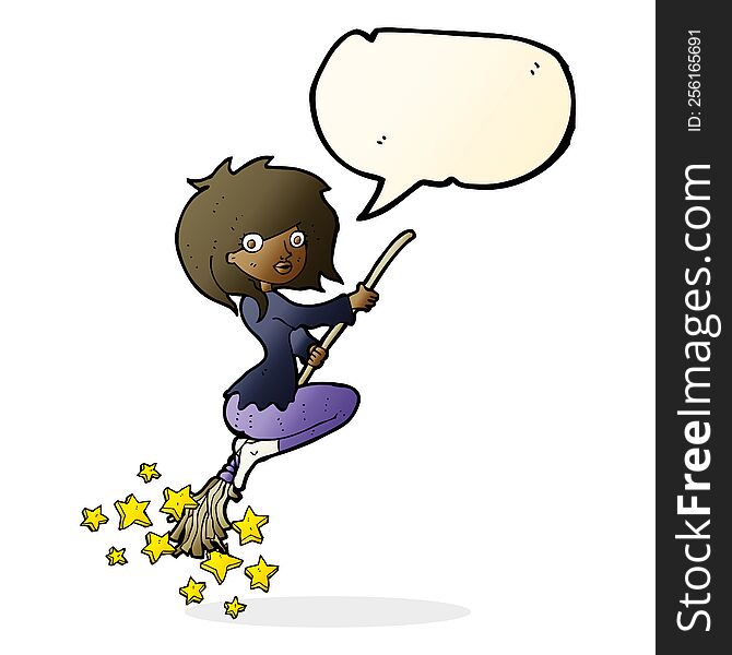 Cartoon Witch Riding Broomstick With Speech Bubble