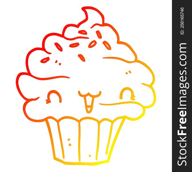 warm gradient line drawing of a cute cartoon frosted cupcake