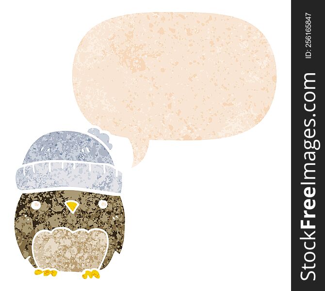 Cute Cartoon Owl In Hat And Speech Bubble In Retro Textured Style