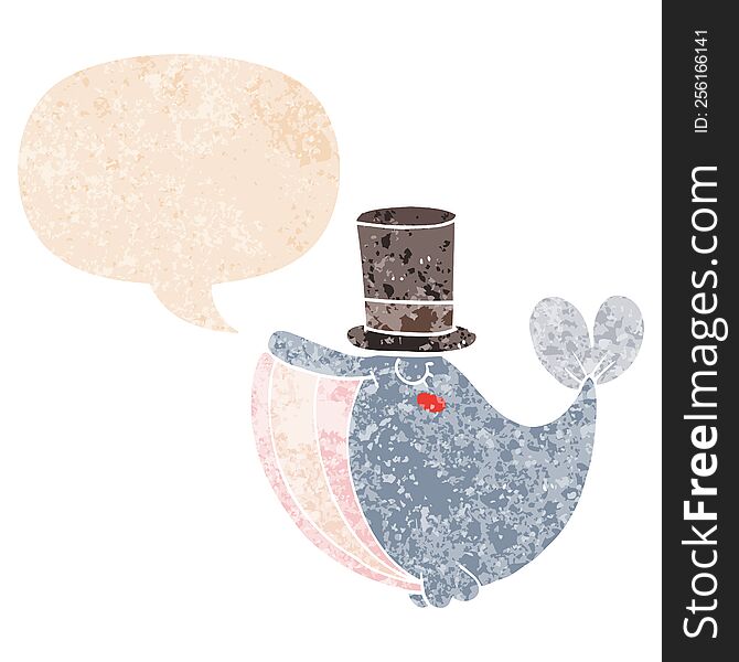 Cartoon Whale With Top Hat And Speech Bubble In Retro Textured Style