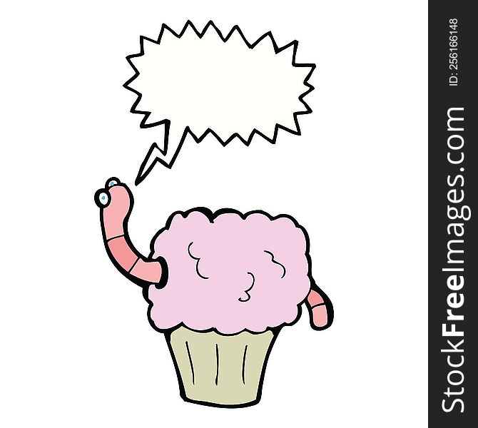 Cartoon Worm In Cupcake With Speech Bubble