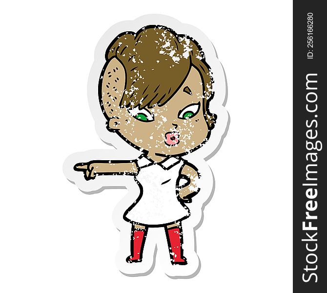 Distressed Sticker Of A Cartoon Surprised Girl Pointing