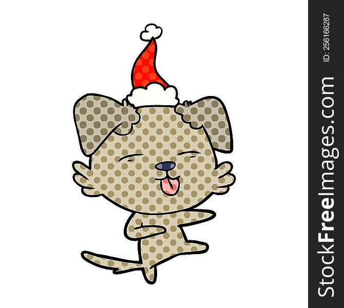 Comic Book Style Illustration Of A Dog Dancing Wearing Santa Hat