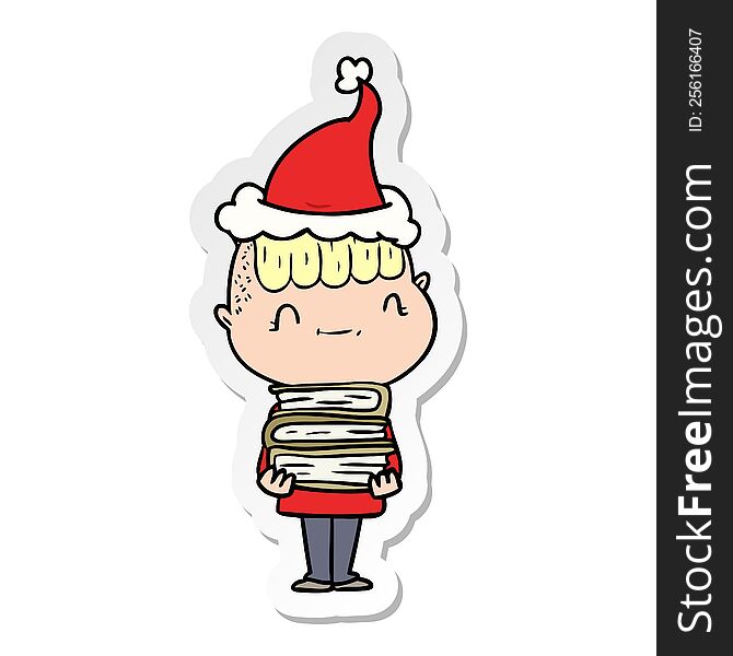 hand drawn sticker cartoon of a friendly boy with books wearing santa hat