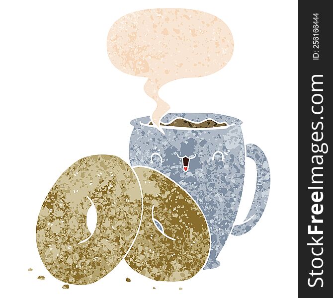 Cartoon Coffee And Donuts And Speech Bubble In Retro Textured Style
