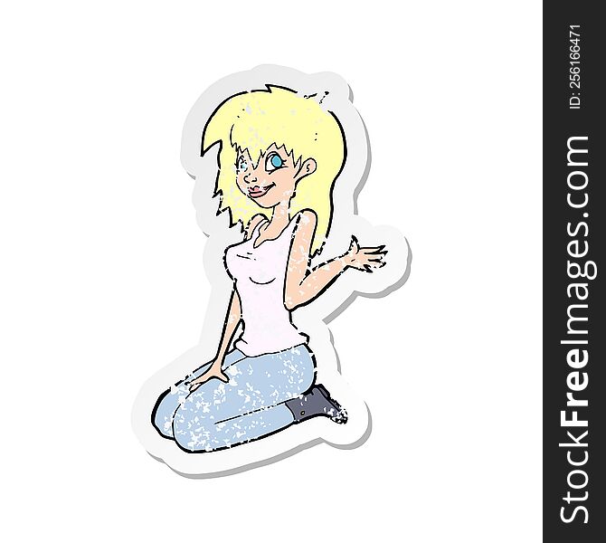 retro distressed sticker of a cartoon pretty girl waving