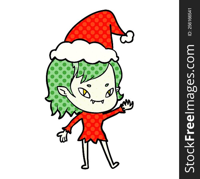 hand drawn comic book style illustration of a friendly vampire girl wearing santa hat