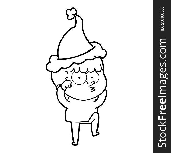 hand drawn line drawing of a curious boy rubbing eyes in disbelief wearing santa hat