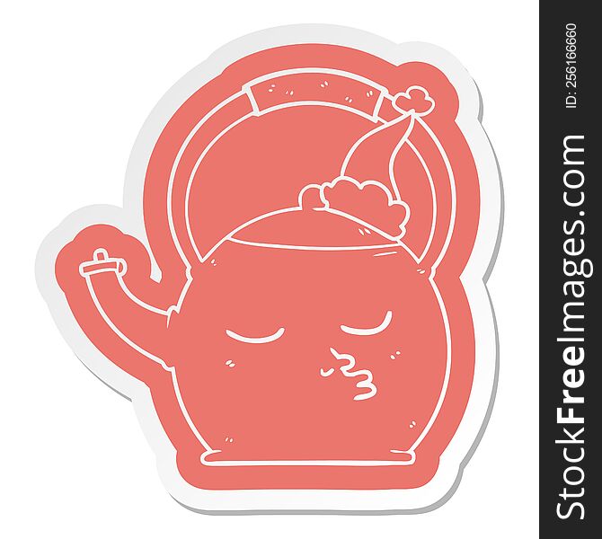 quirky cartoon  sticker of a kettle wearing santa hat