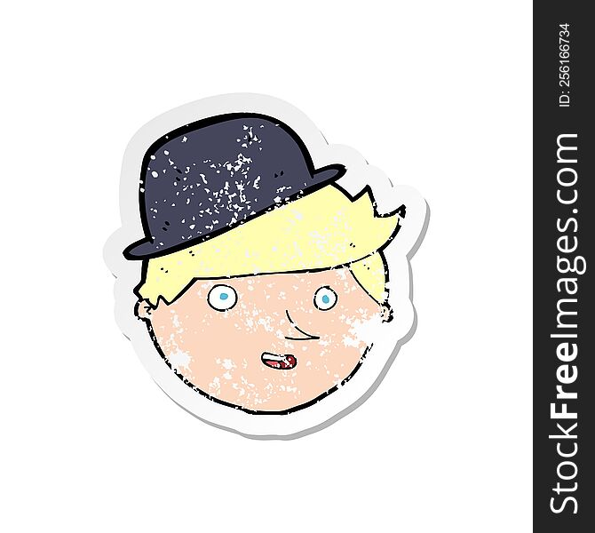 Retro Distressed Sticker Of A Cartoon Man Wearing Bowler Hat