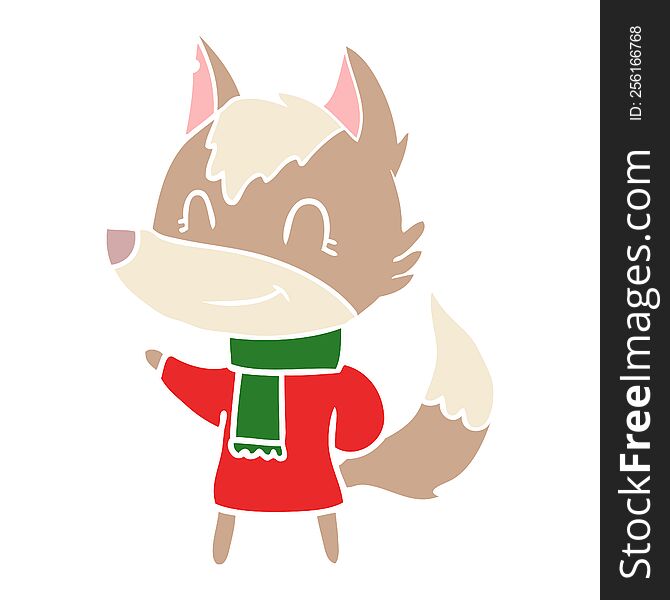 friendly flat color style cartoon wolf in winter clothes