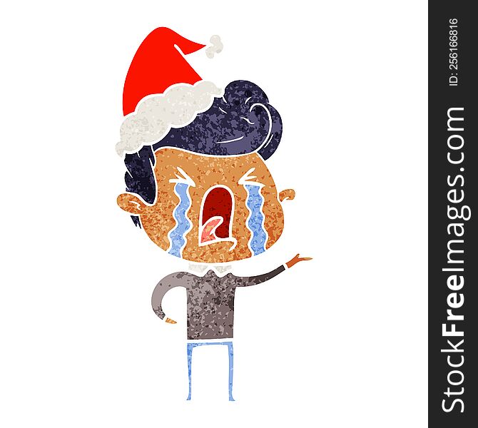 Retro Cartoon Of A Crying Man Wearing Santa Hat