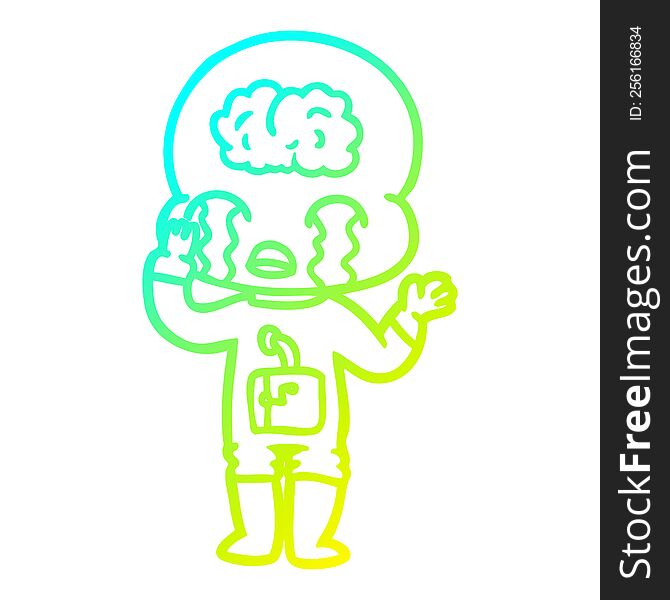 cold gradient line drawing of a cartoon big brain alien crying