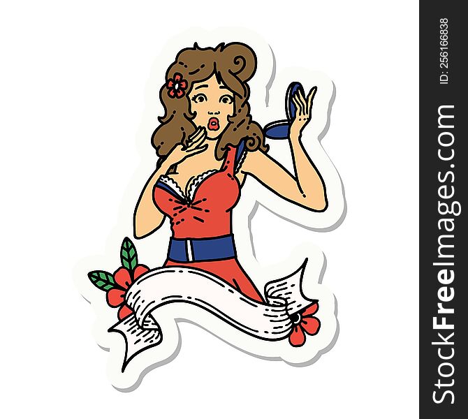 tattoo style sticker of a pinup surprised girl with banner