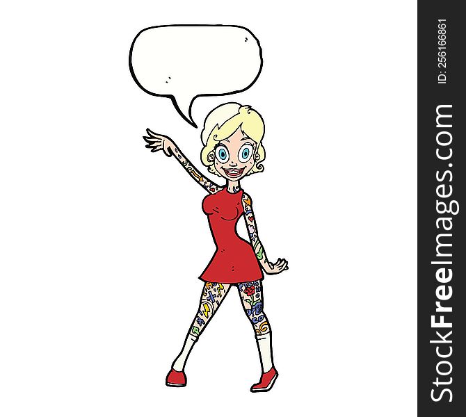 cartoon woman with tattoos with speech bubble