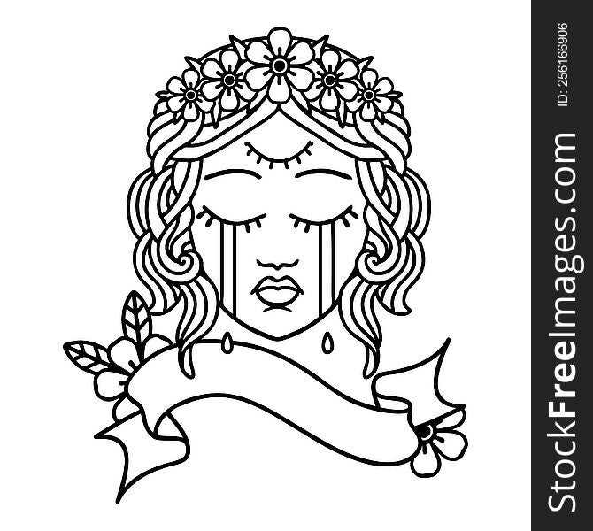 traditional black linework tattoo with banner of female face with third eye and crown of flowers cyring. traditional black linework tattoo with banner of female face with third eye and crown of flowers cyring
