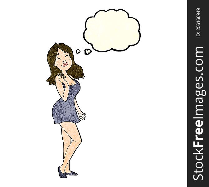 cartoon pretty woman in cocktail dress with thought bubble