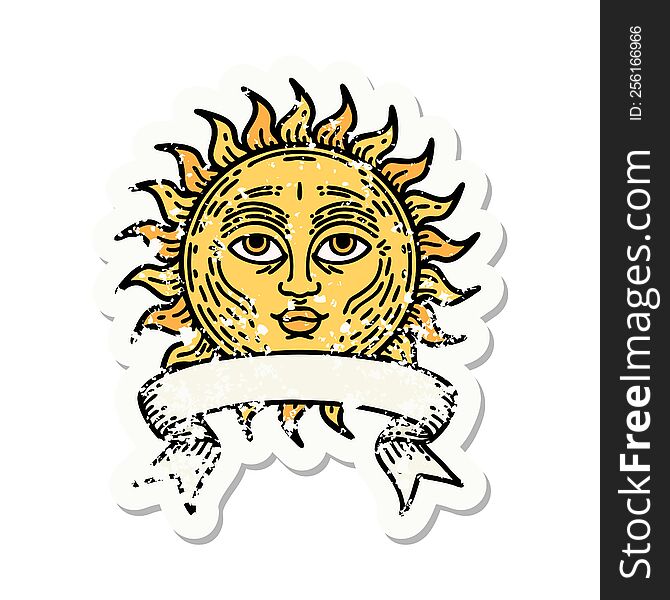 worn old sticker with banner of a sun with face. worn old sticker with banner of a sun with face
