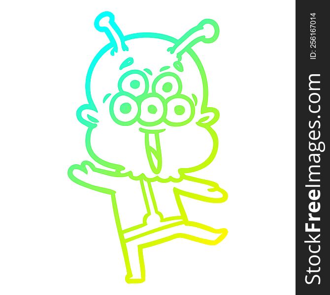 cold gradient line drawing of a happy cartoon alien dancing