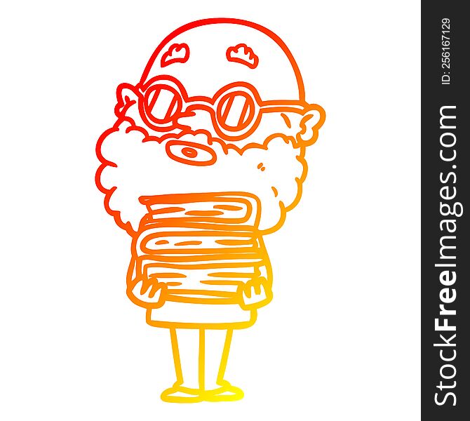 warm gradient line drawing of a cartoon curious man with beard and glasses