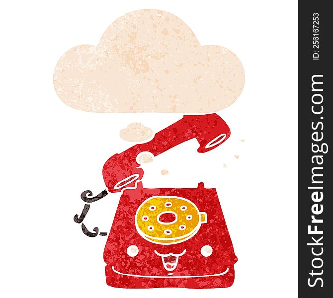 Cute Cartoon Telephone And Thought Bubble In Retro Textured Style