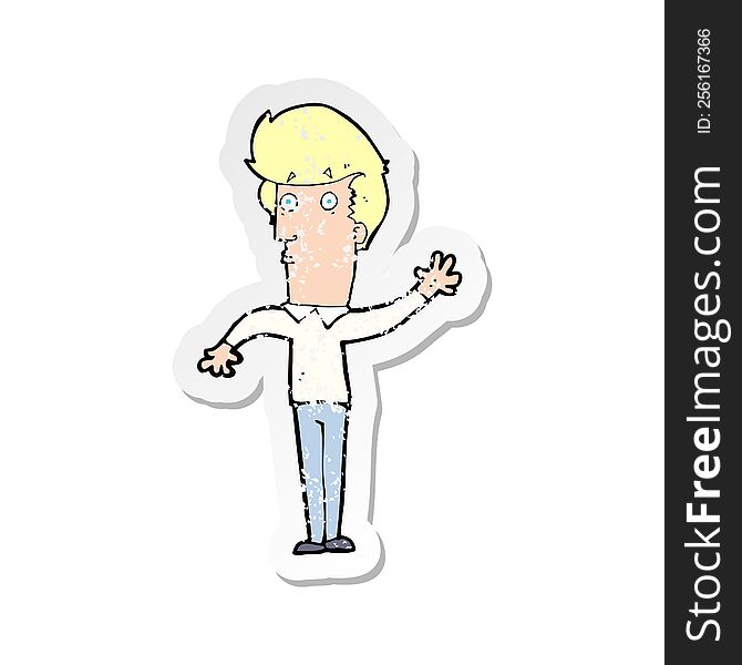 Retro Distressed Sticker Of A Cartoon Nervous Man Waving
