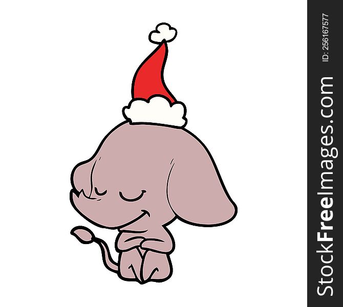 Line Drawing Of A Smiling Elephant Wearing Santa Hat